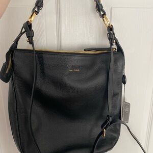 Black Leather Shoulder Bag with Gold Accents
